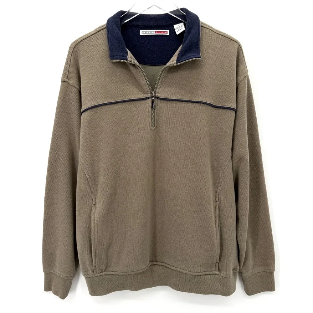 Y2K 90s Grand Slam Golf Pullover Sweater Mens Size L Taupe 1/4 Zip Pockets